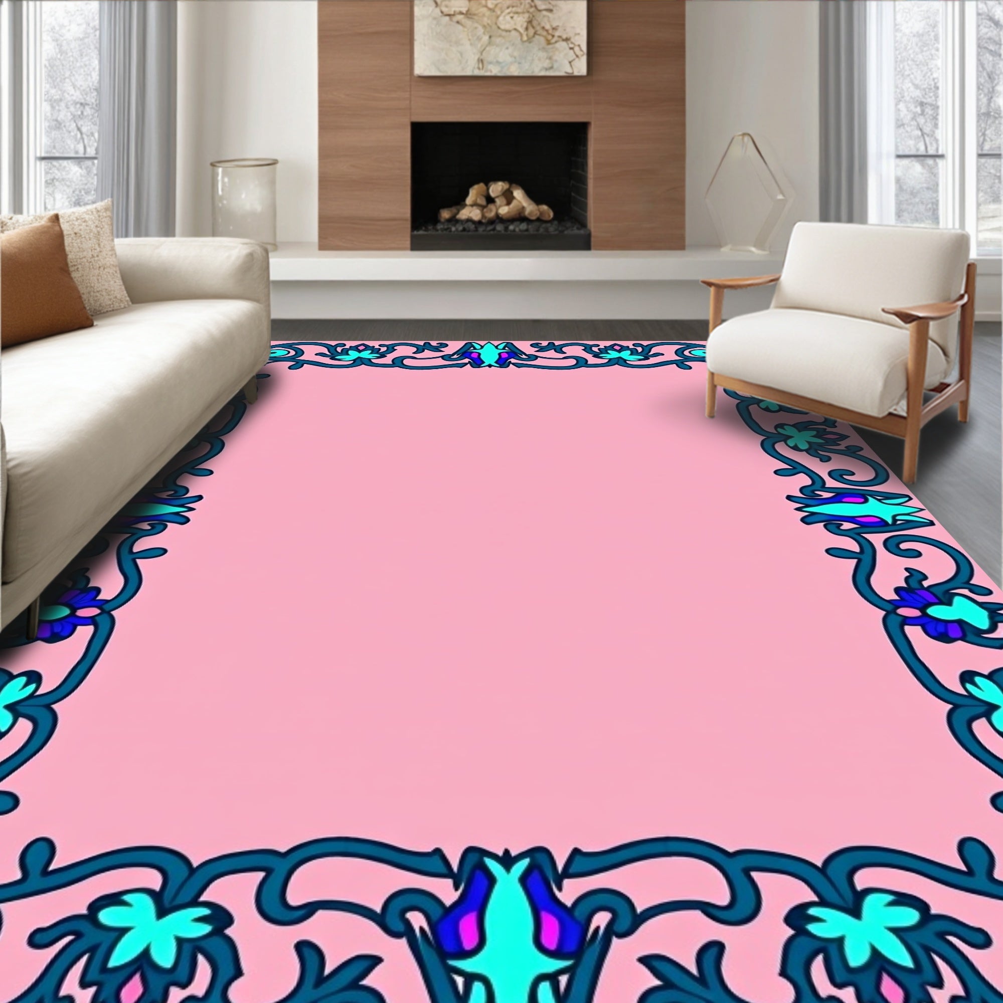 Teal Floral Vine Border Pink Rug