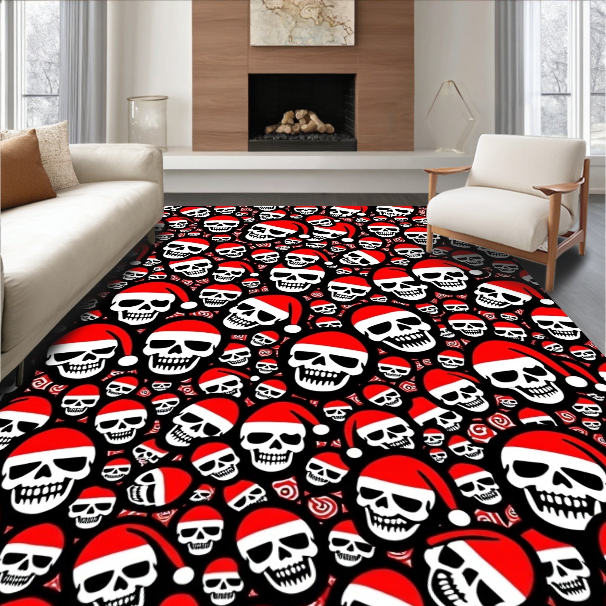 Festive Red Santa Hat Skulls Collage Rug
