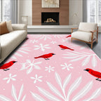 Red Birds White Ferns Pink Background Rug
