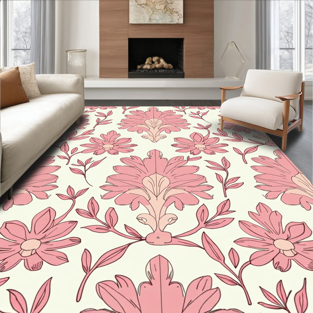 Pink Floral Acanthus Damask Pattern Rug