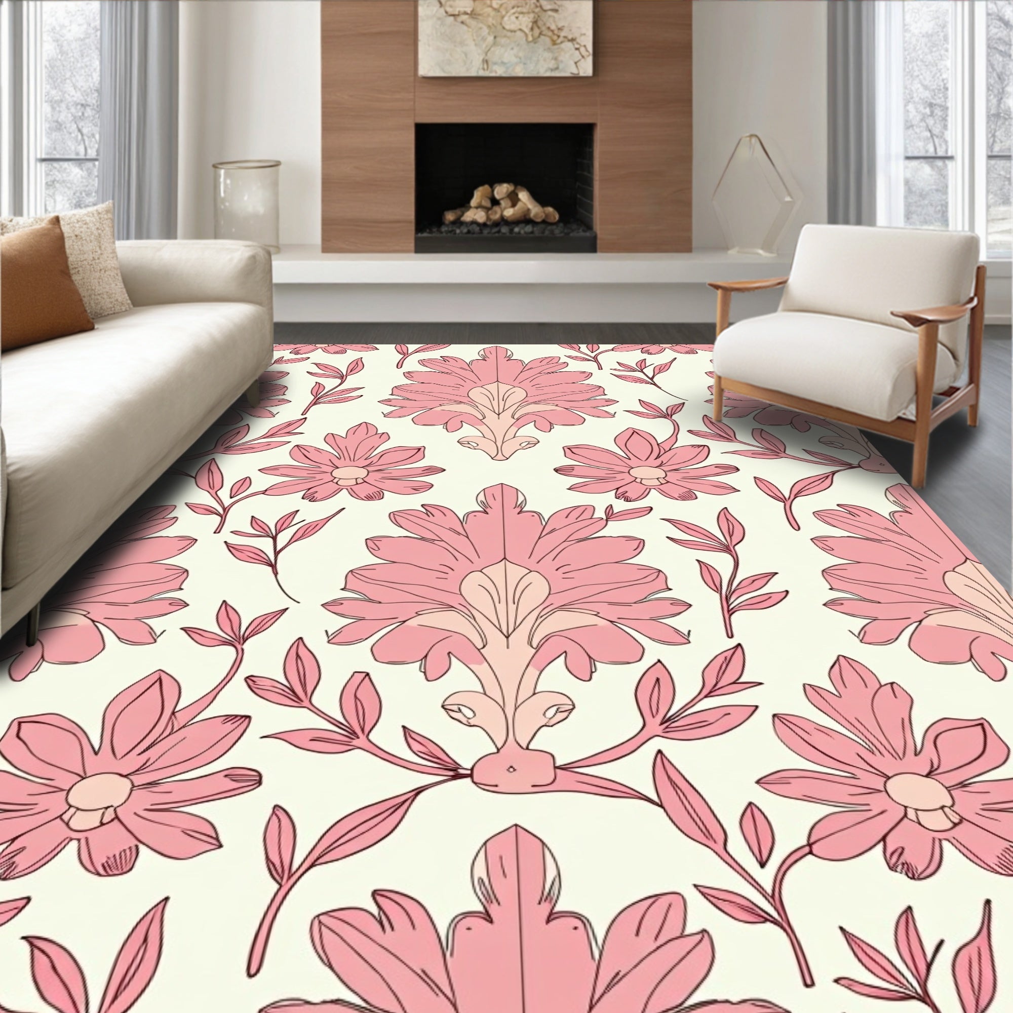 Pink Floral Acanthus Damask Pattern Rug