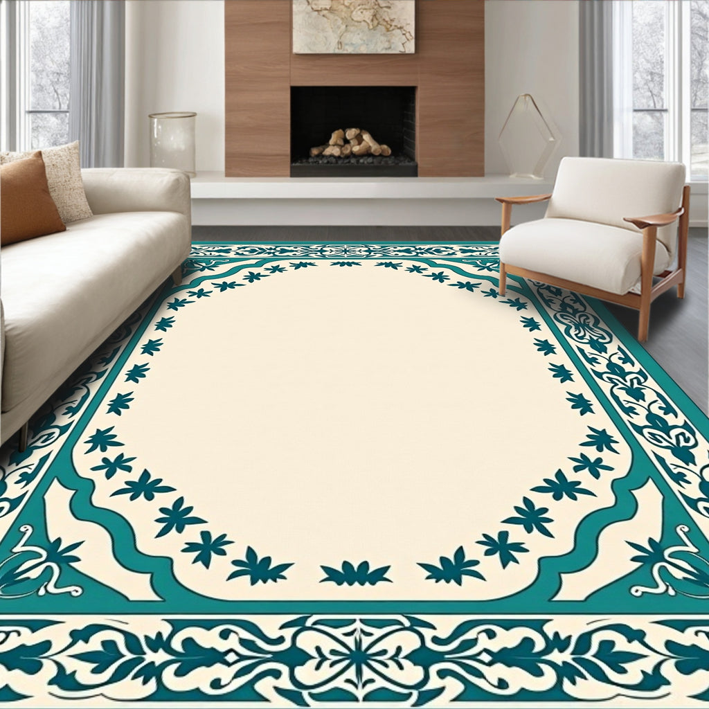 Teal Floral Bordered Classic Design Rug