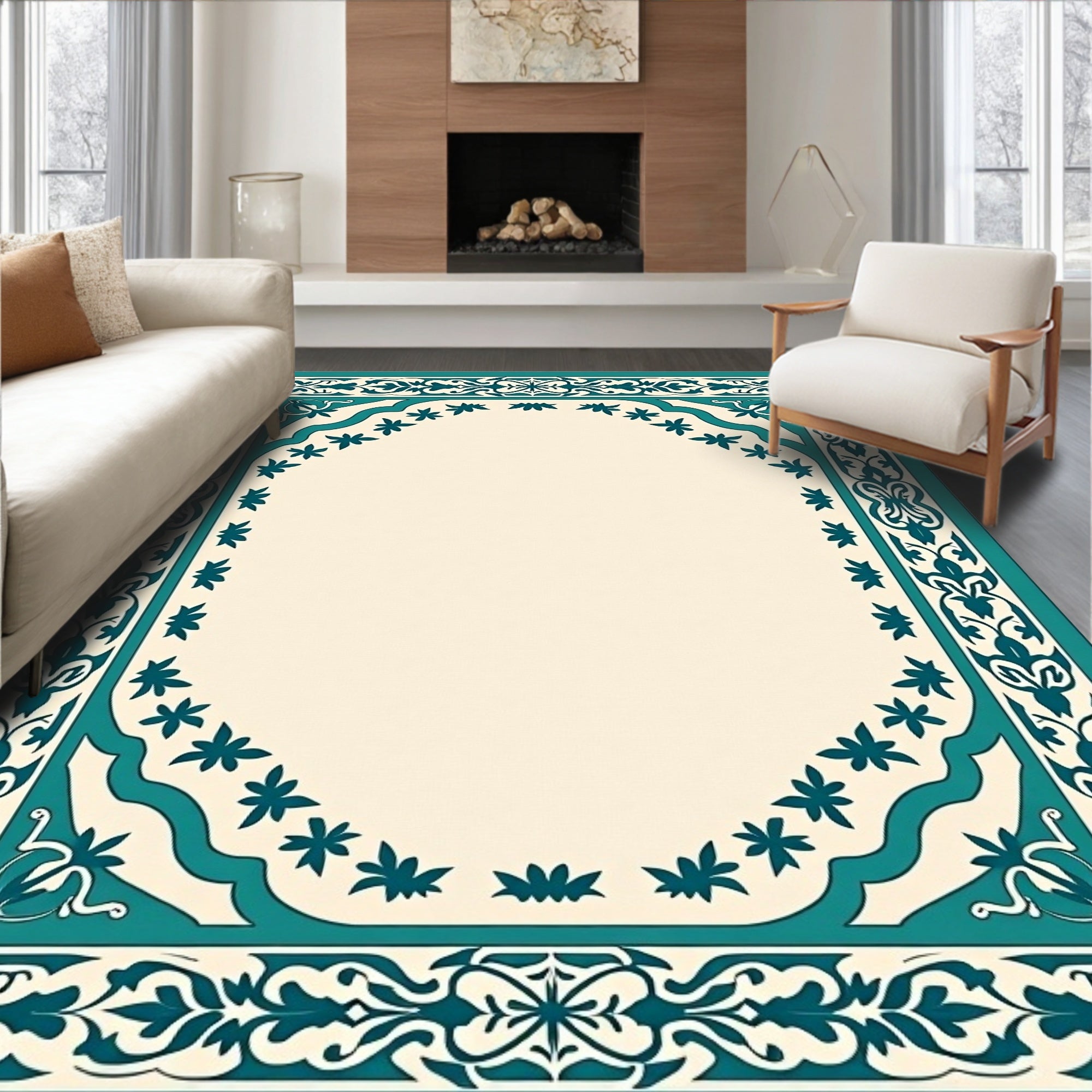 Teal Floral Bordered Classic Design Rug