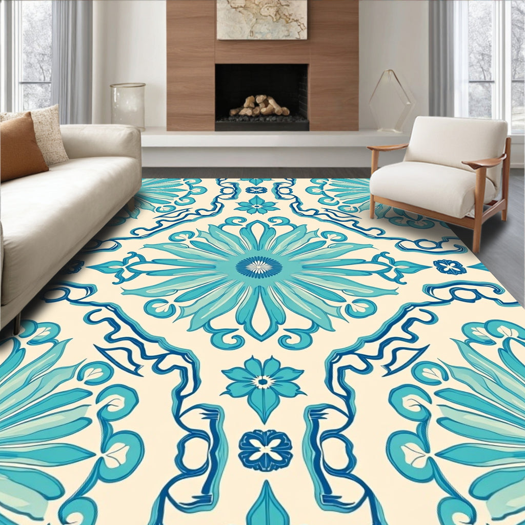 Teal Floral Detailed Decorative Rug