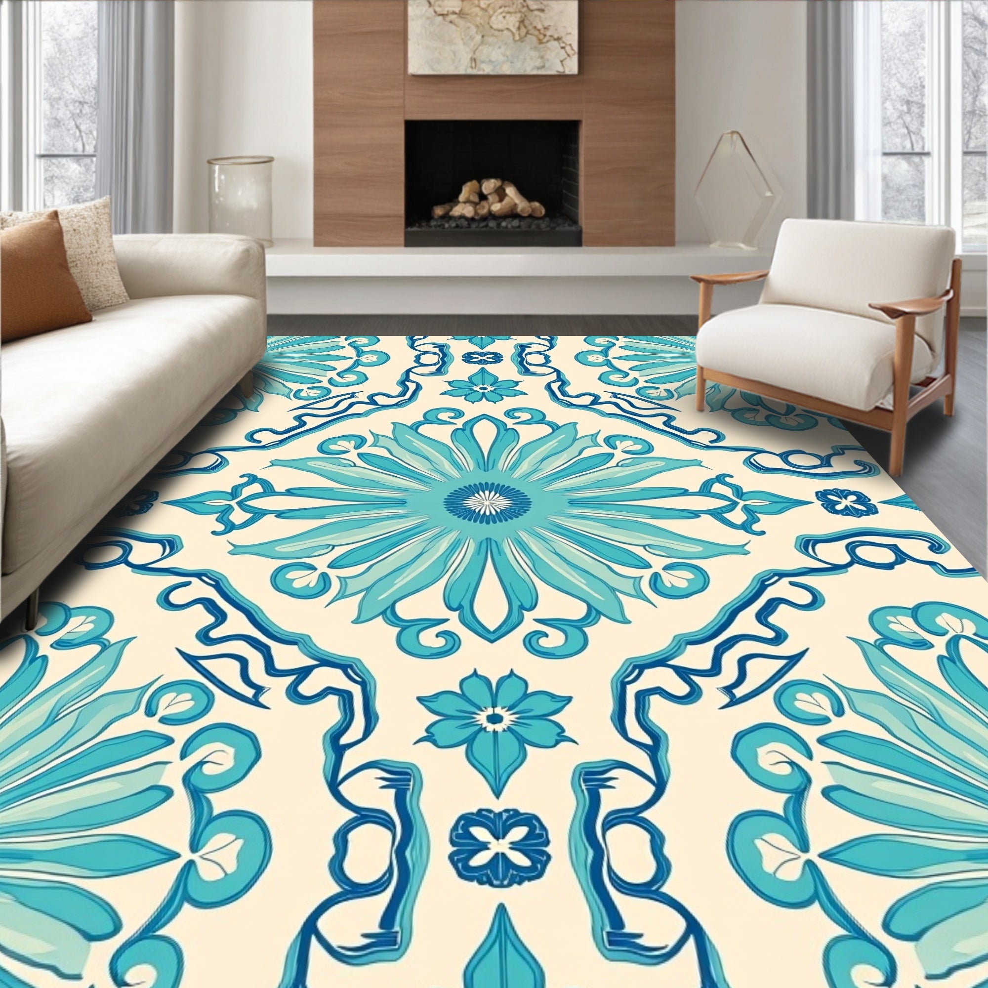 Teal Floral Detailed Decorative Rug