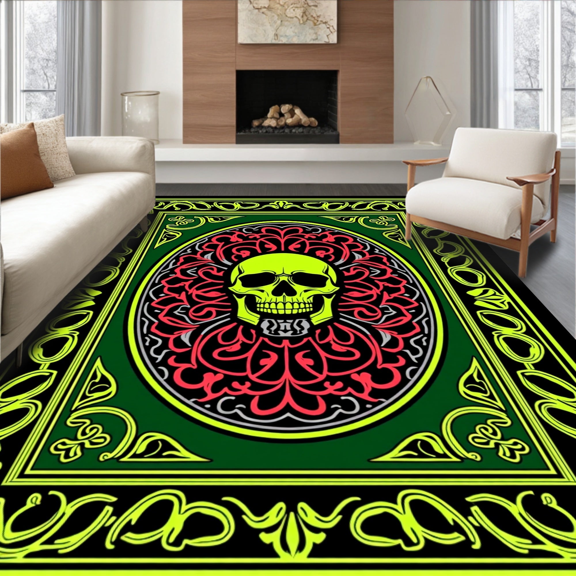Neon Skull Amidst Floral Mandala Red Rug