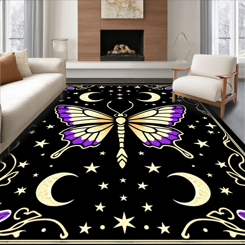 Cosmic Butterfly Purple Crescent Moon Background Rug
