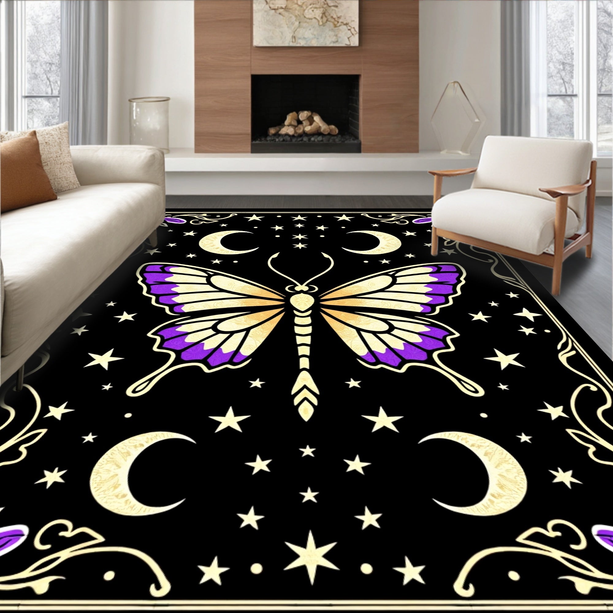 Cosmic Butterfly Purple Crescent Moon Background Rug