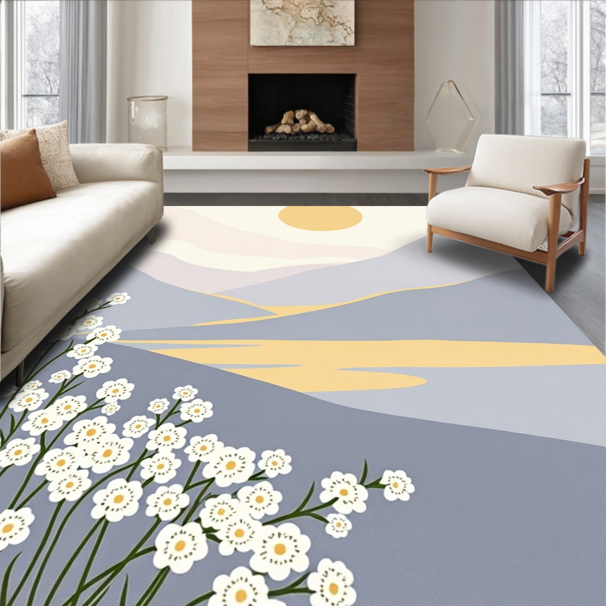 Minimalist Floral Mountain Sunset Rug