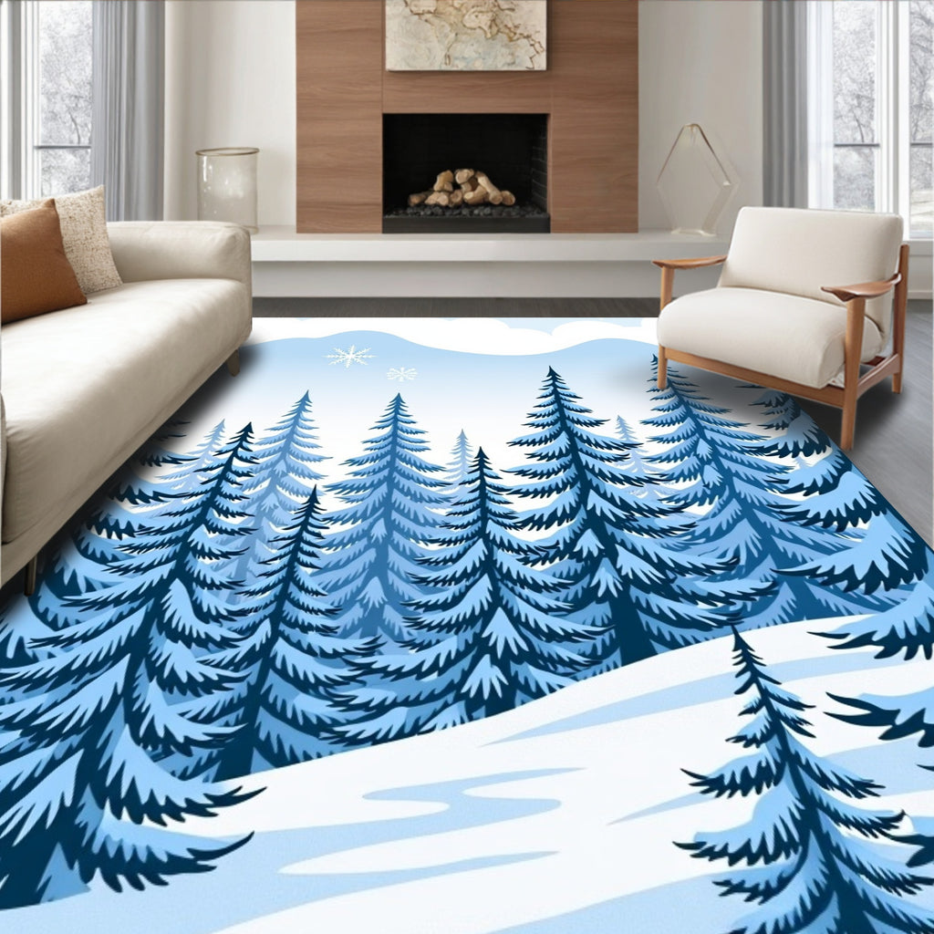 Winter Evergreen Forest Snowflake Scenery Pattern Rug