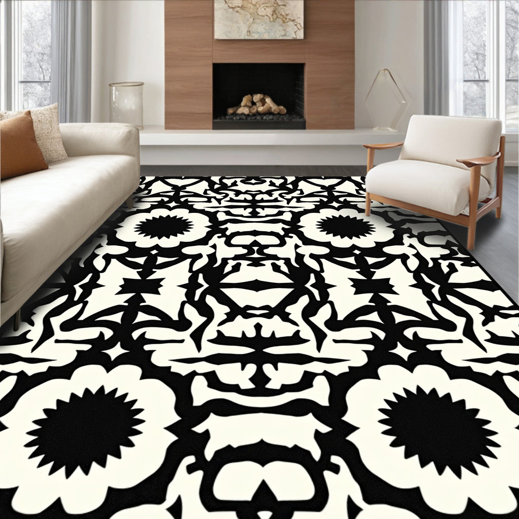 Bold Black White Floral Pattern Rug
