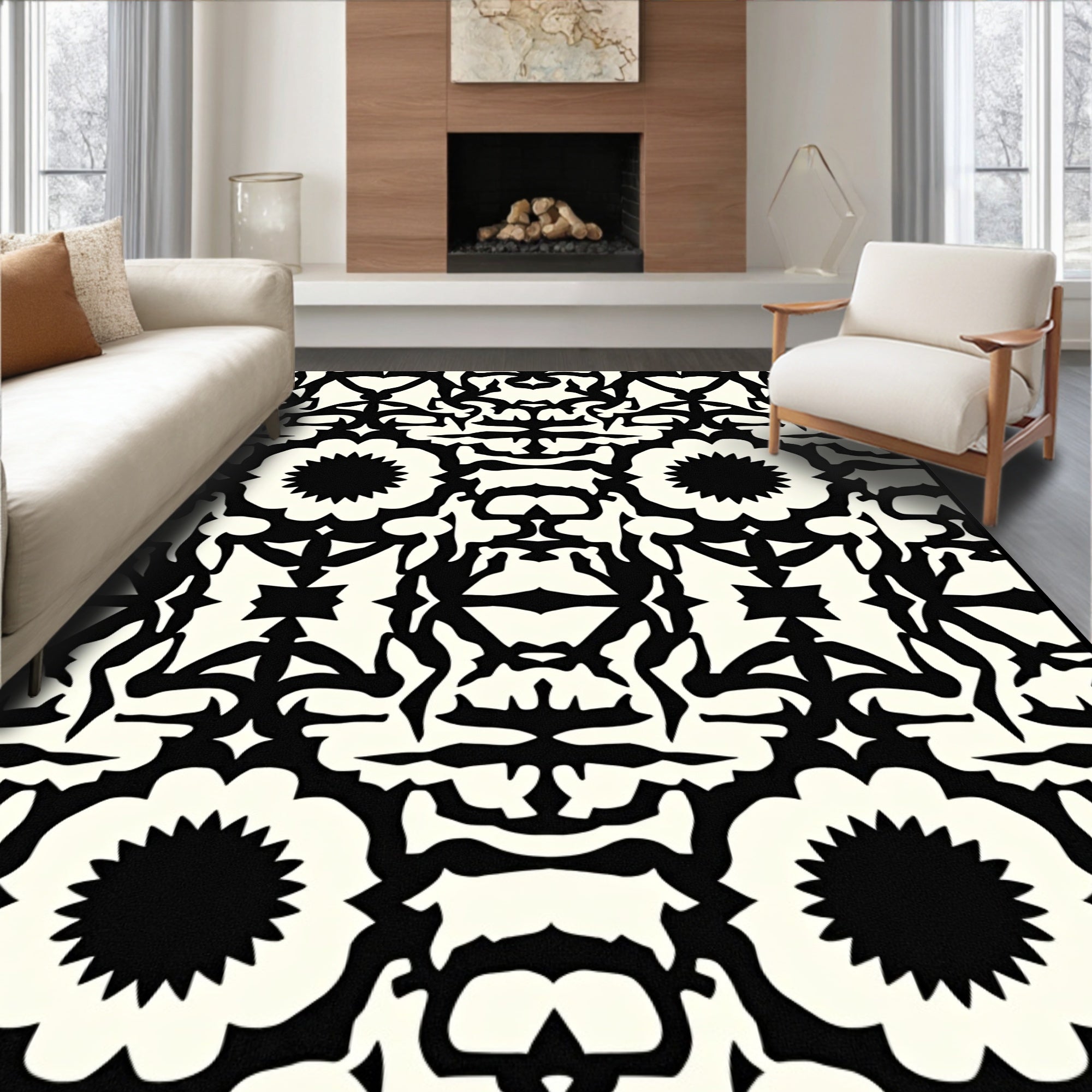 Bold Black White Floral Pattern Rug