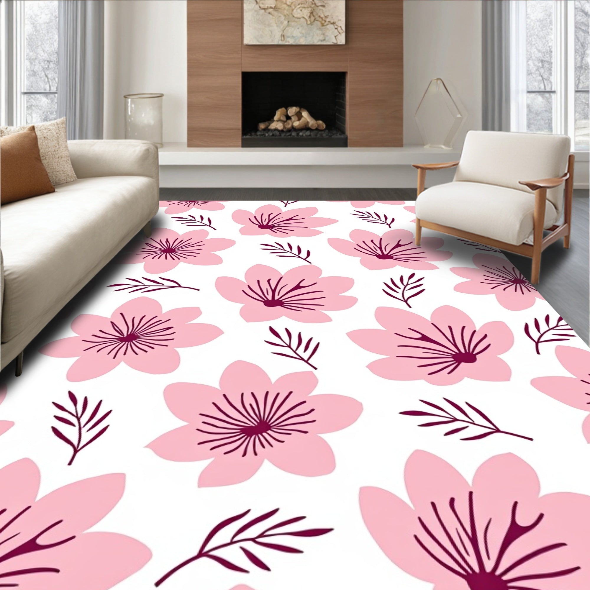 Pink Cherry Blossom Floral Pattern Rug