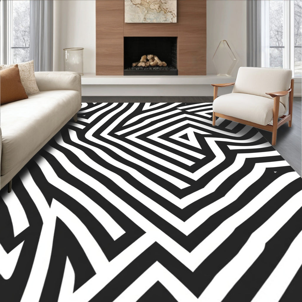 Abstract Black White Striped Pattern Rug