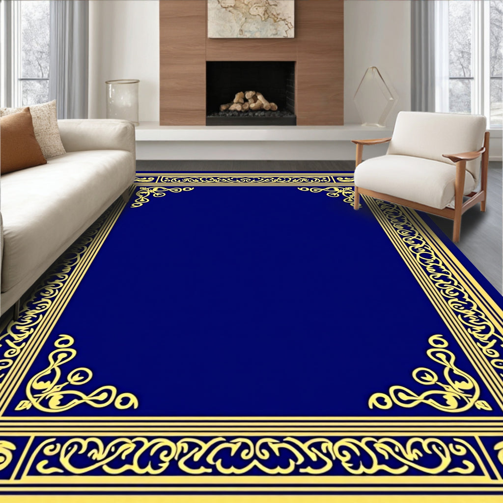 Ornate Golden Blue Border Design Rug
