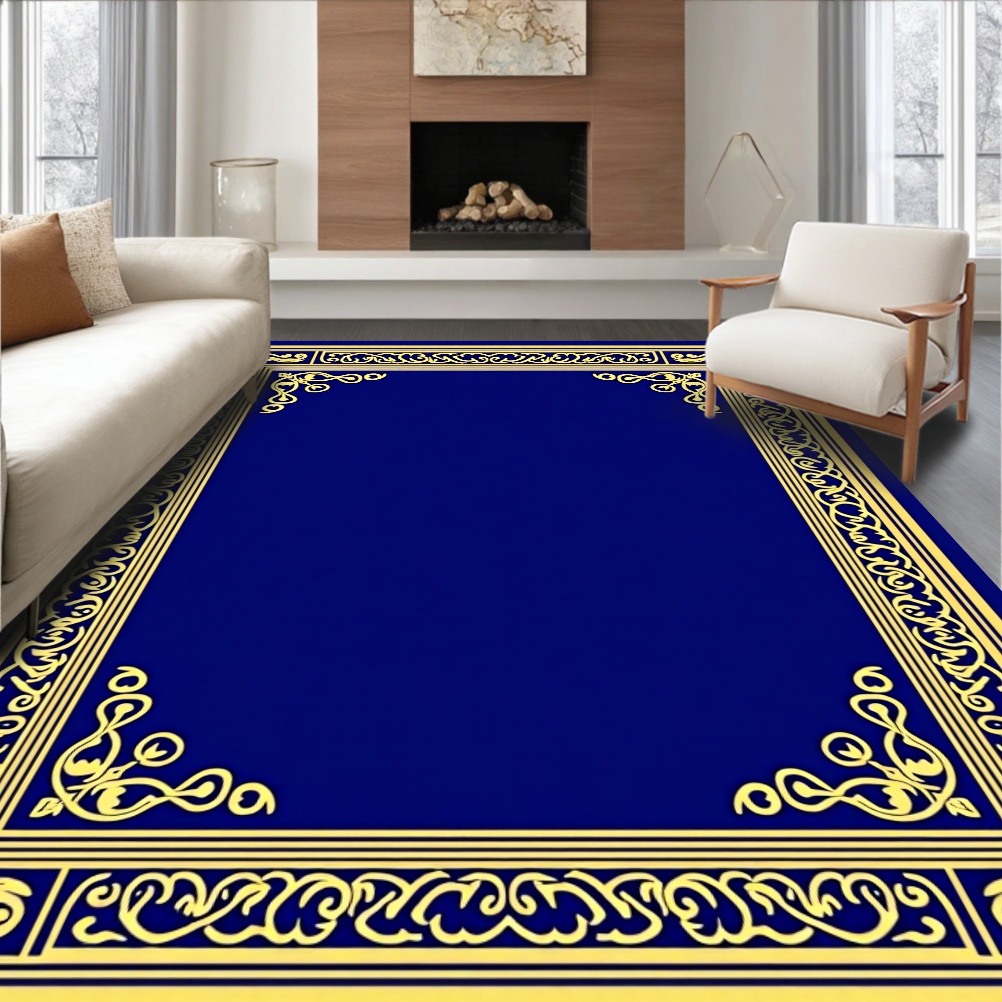 Ornate Golden Blue Border Design Rug