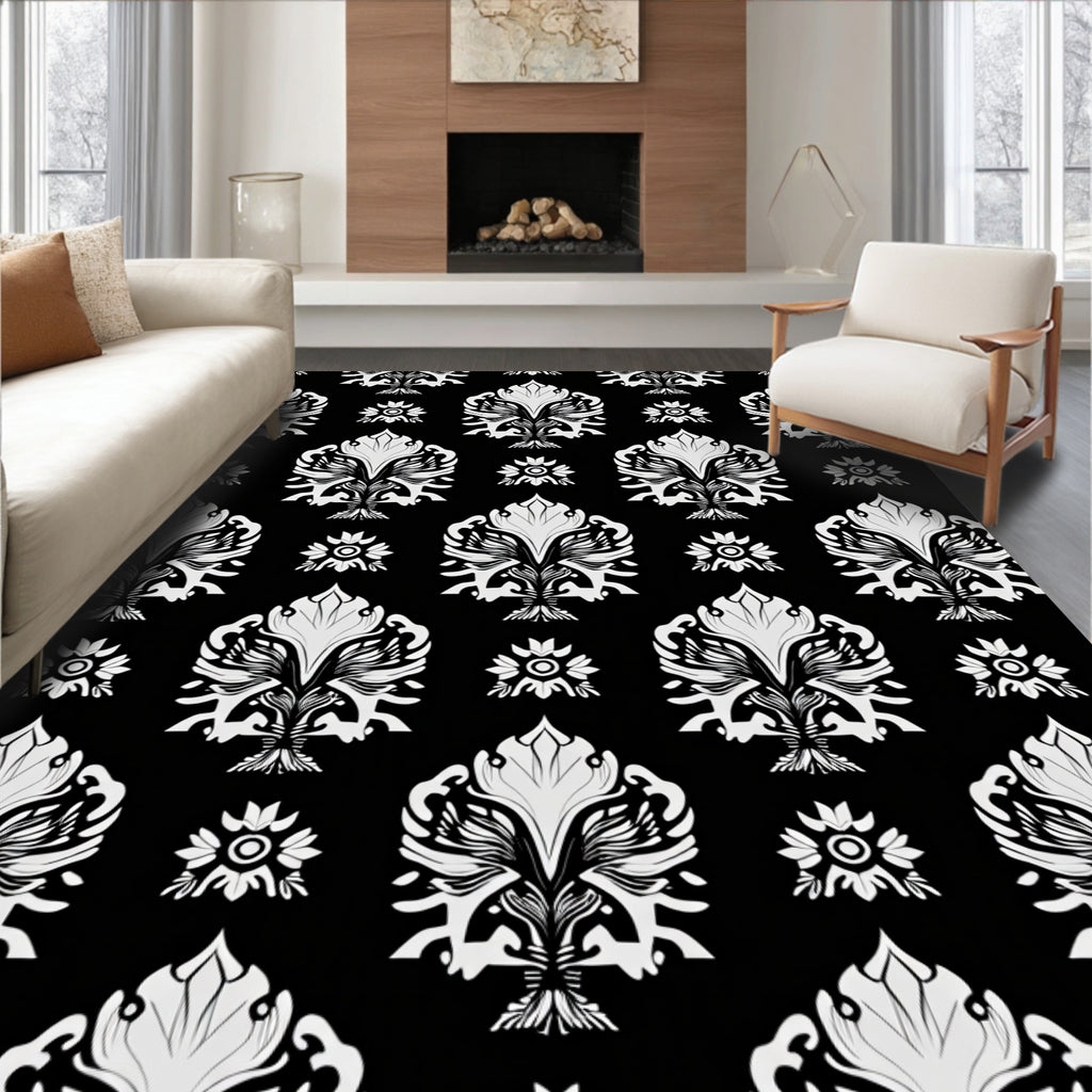 Ornate Black White Floral Pattern Rug