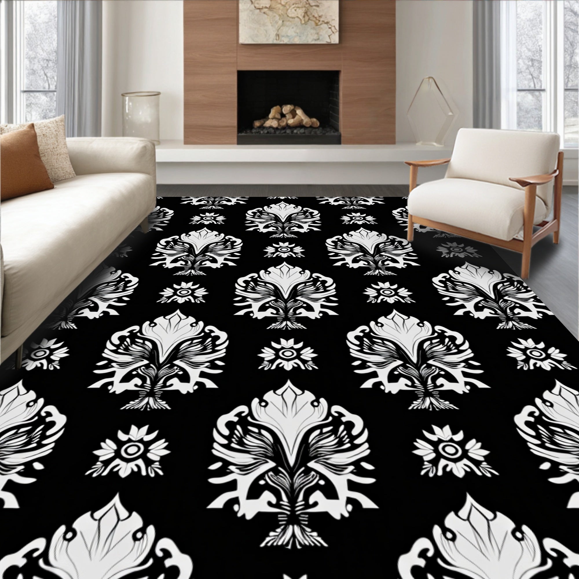 Ornate Black White Floral Pattern Rug