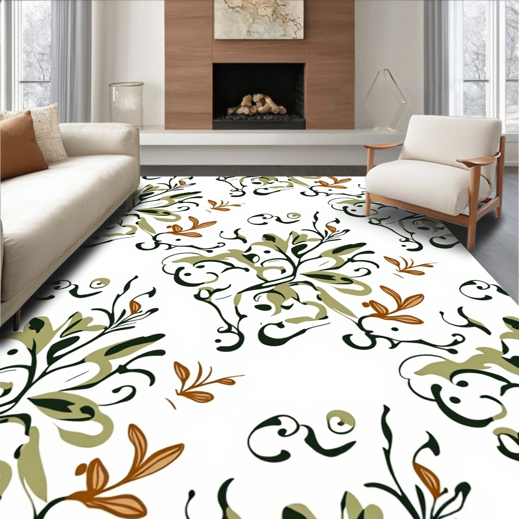 Olive Green Floral Vine Swirl Rug
