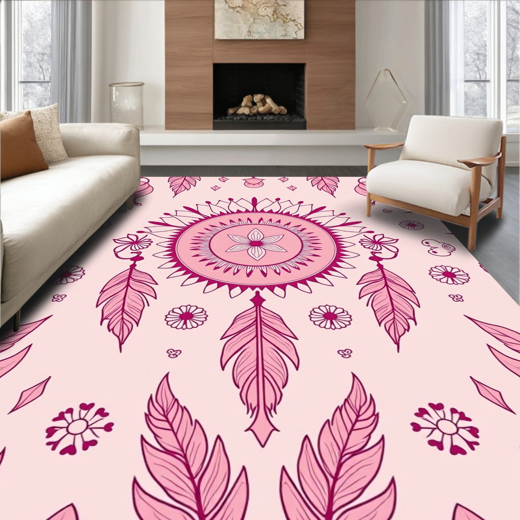 Feminine Pink Feather Mandala Pattern Rug