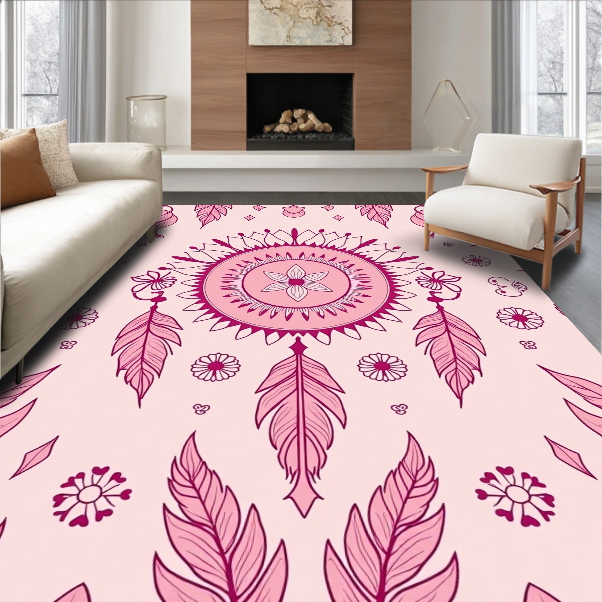 Feminine Pink Feather Mandala Pattern Rug