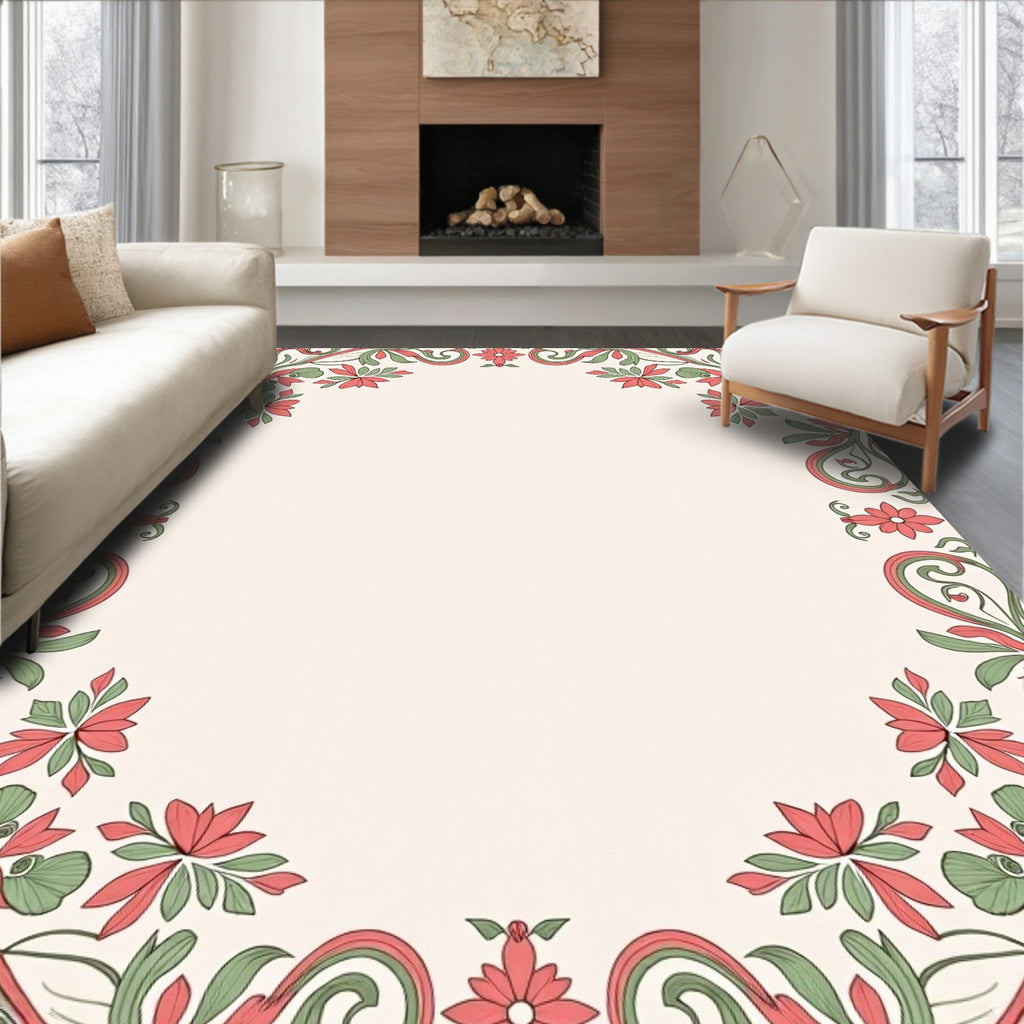 Red Green Floral Vine Border Rug