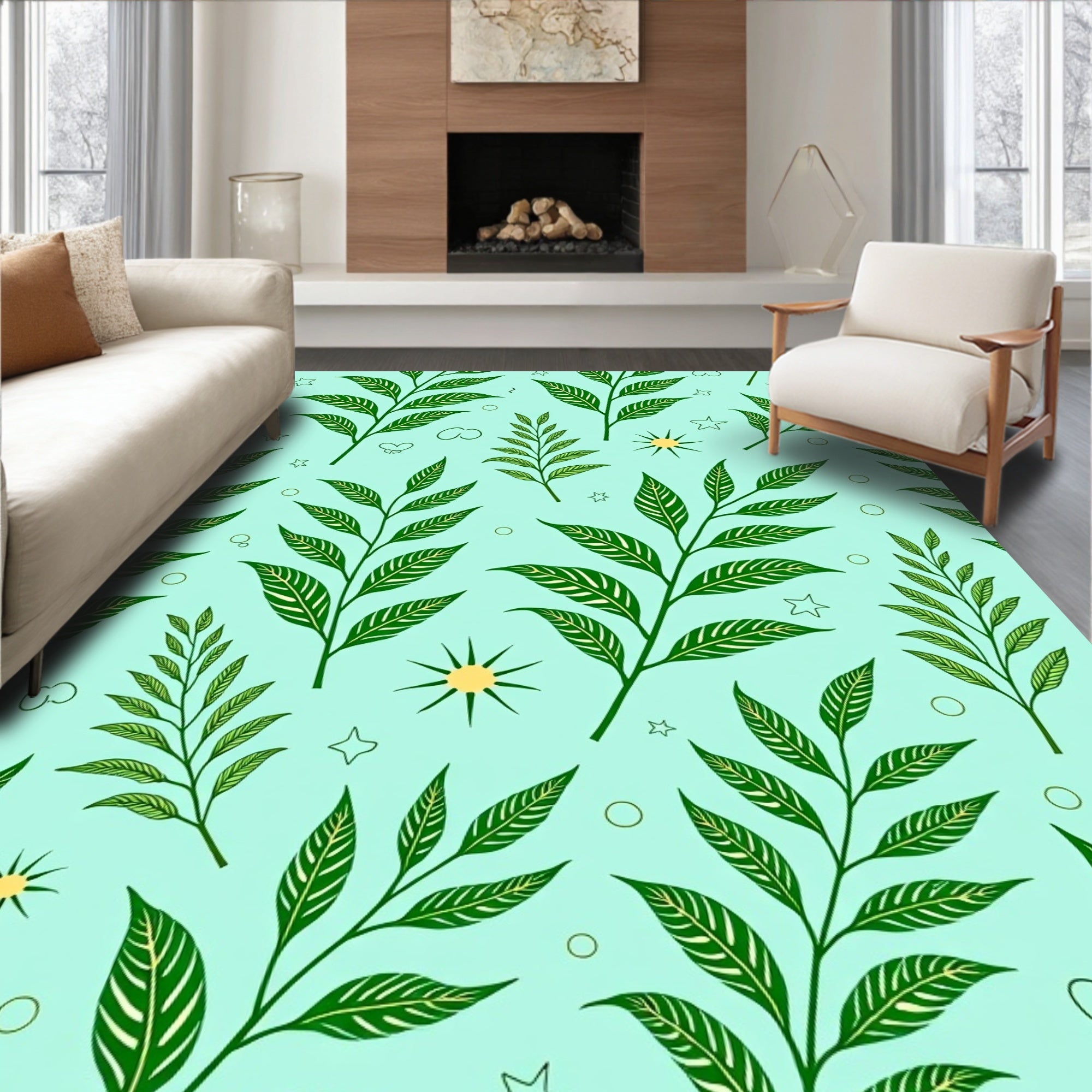 Green Foliage With Star Sun Accents Rug