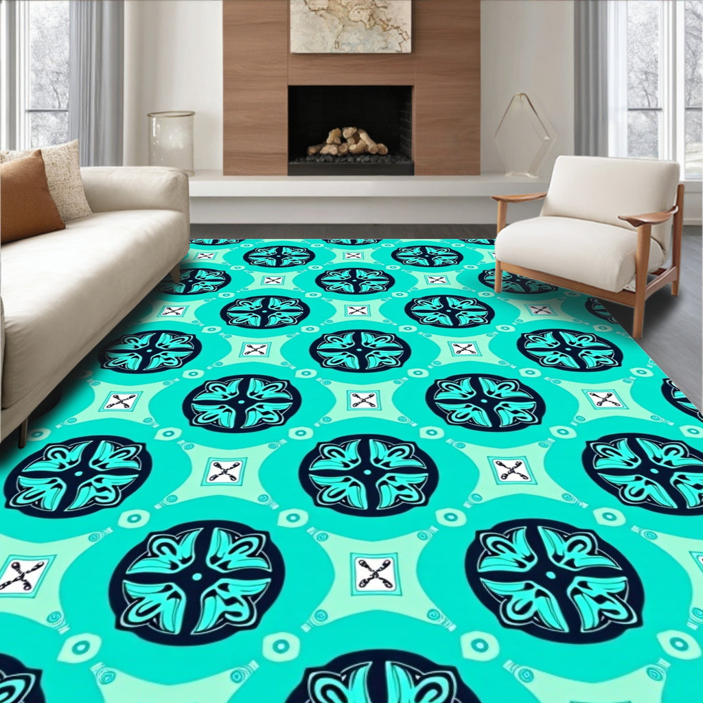 Teal and Navy Geometric Floral Pattern Rug