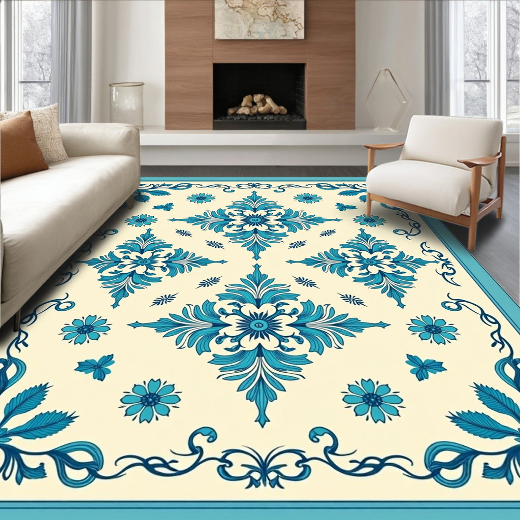 Teal Floral Medallion Symmetry Design Rug