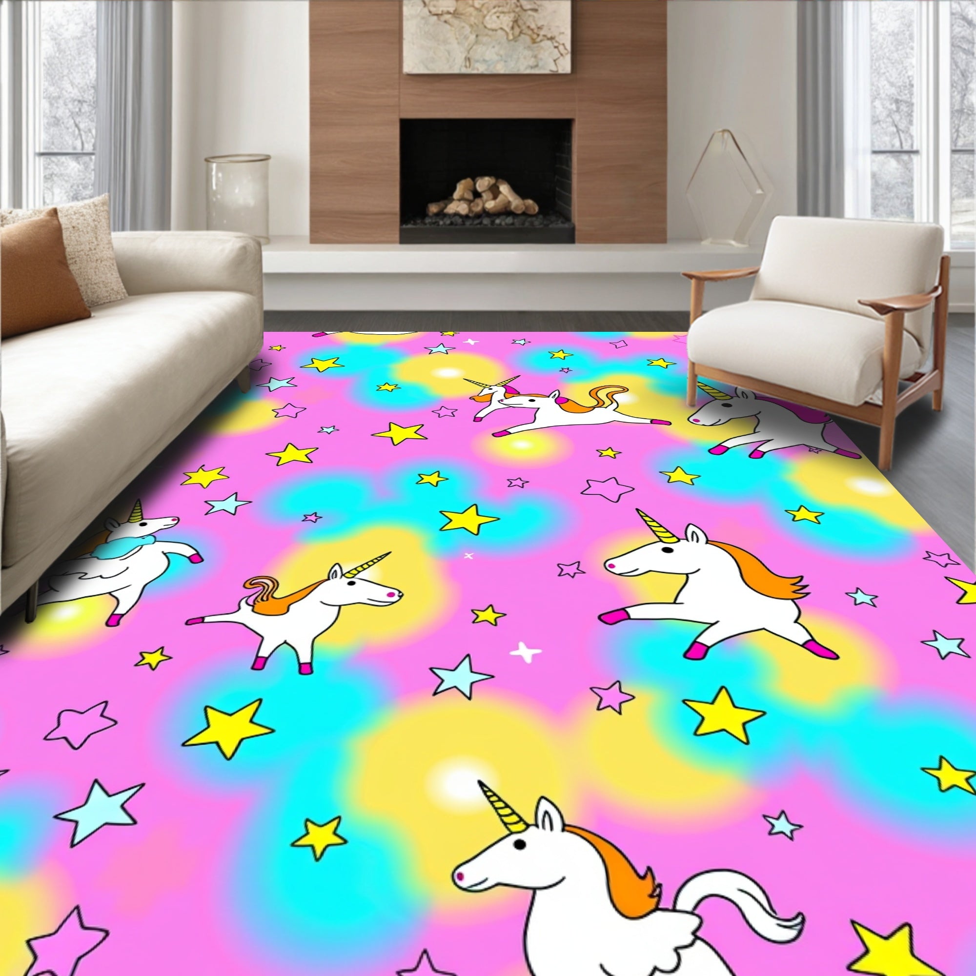 Whimsical Unicorn and Stars Pattern Rug