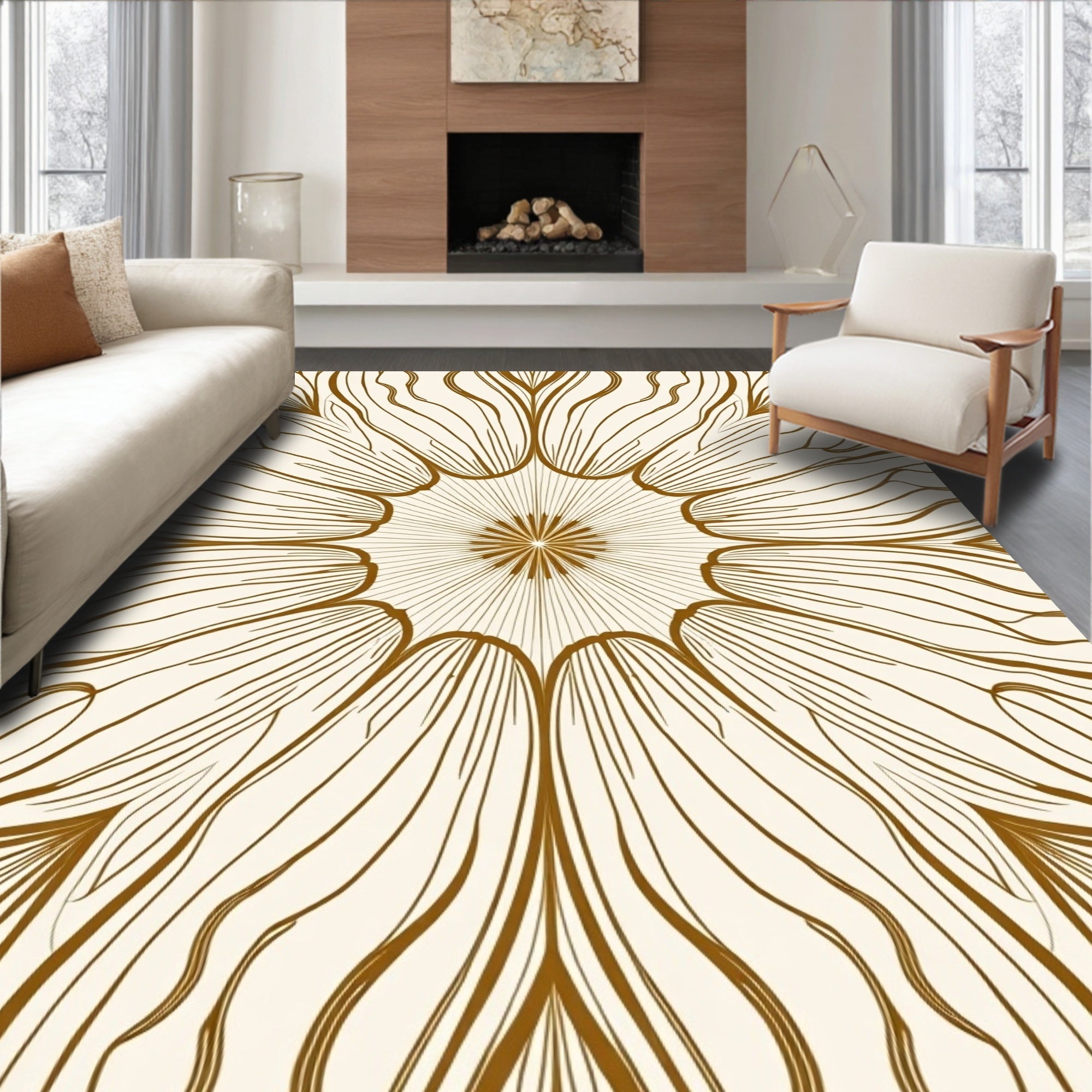 Detailed Floral Sunburst Line Art Rug