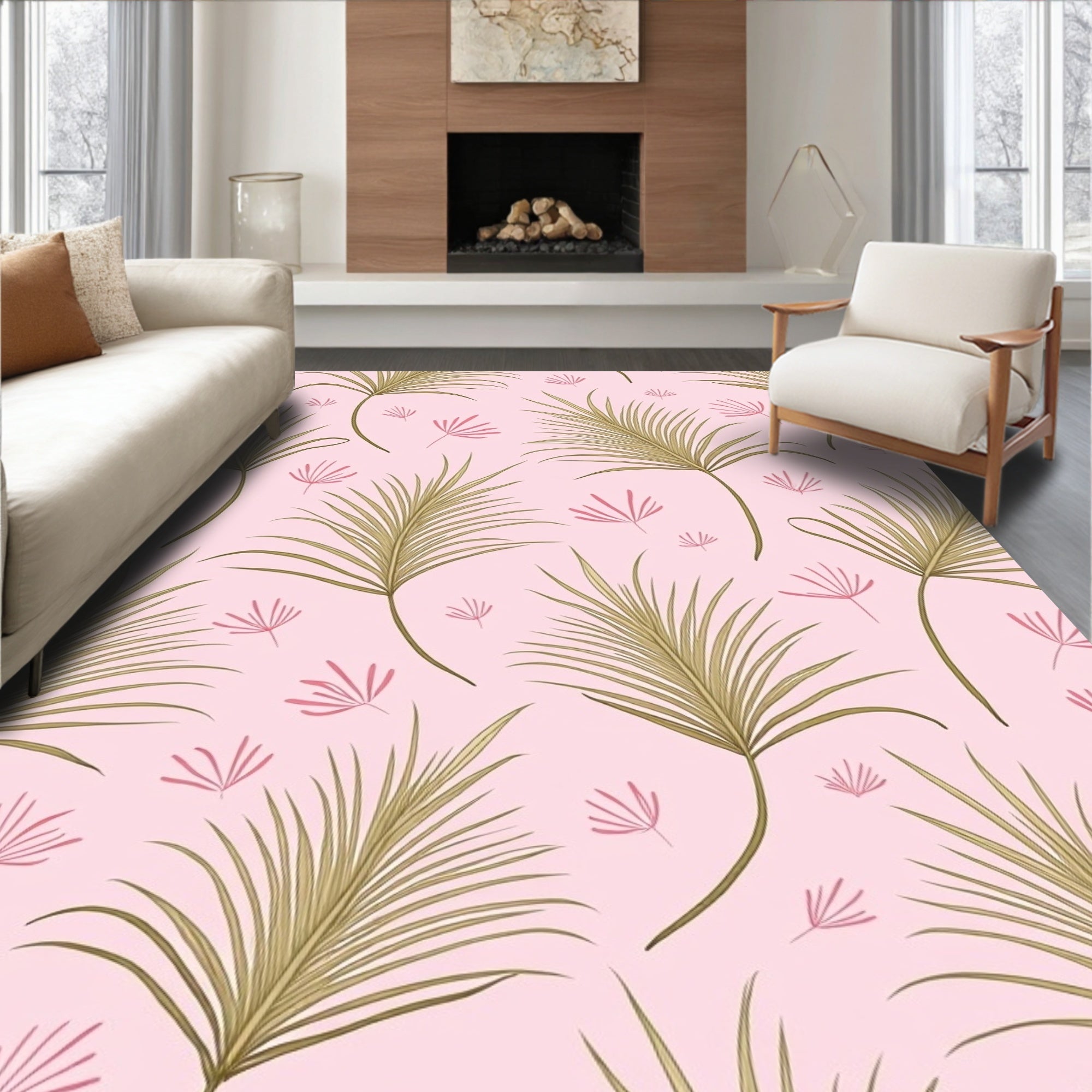 Tropical Palm Leaf Pink Pattern Rug