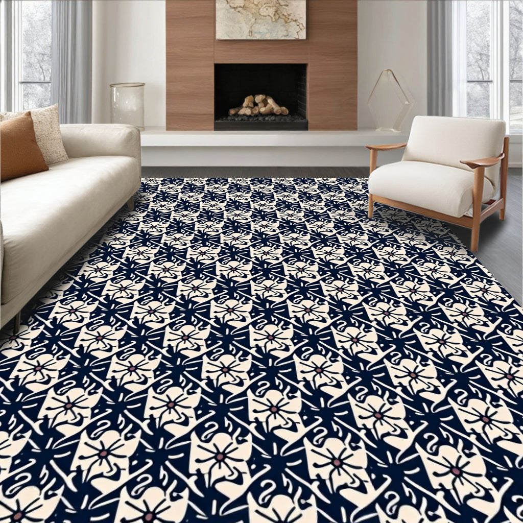 Indigo Cream Floral Star Pattern Rug