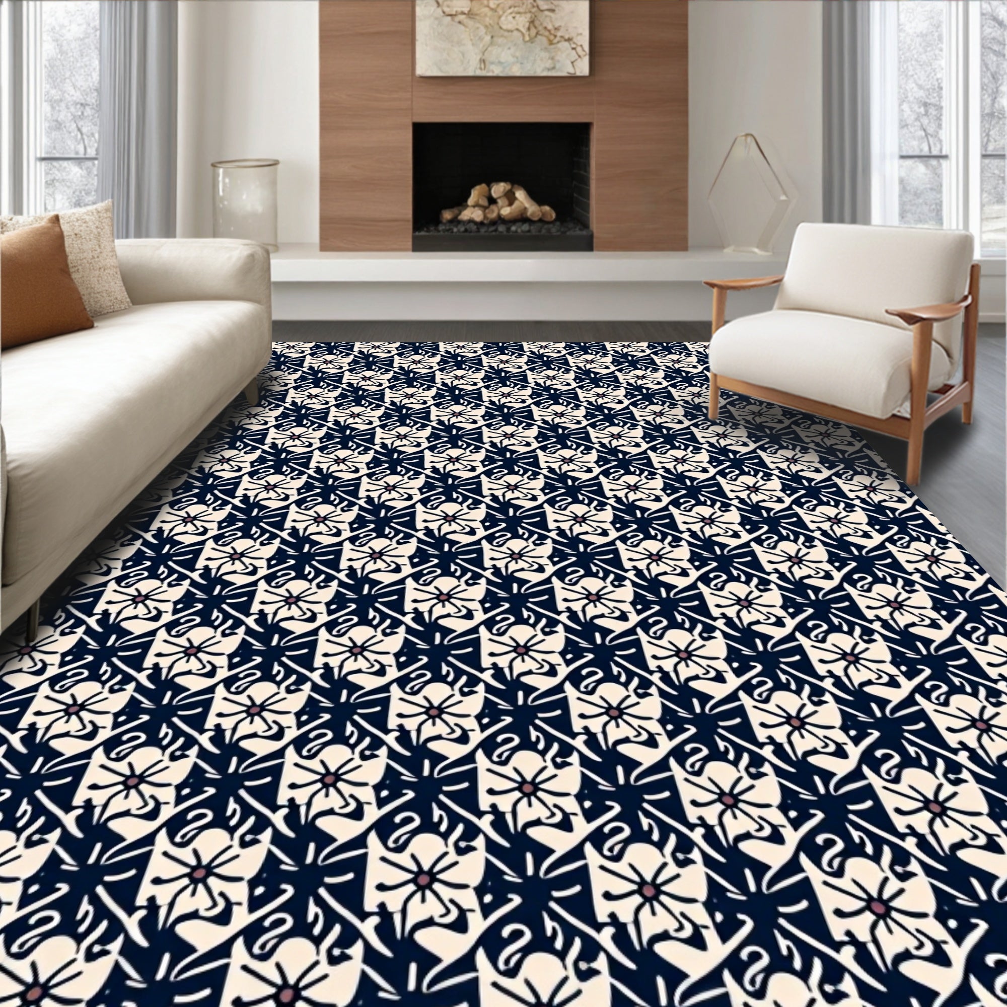 Indigo Cream Floral Star Pattern Rug