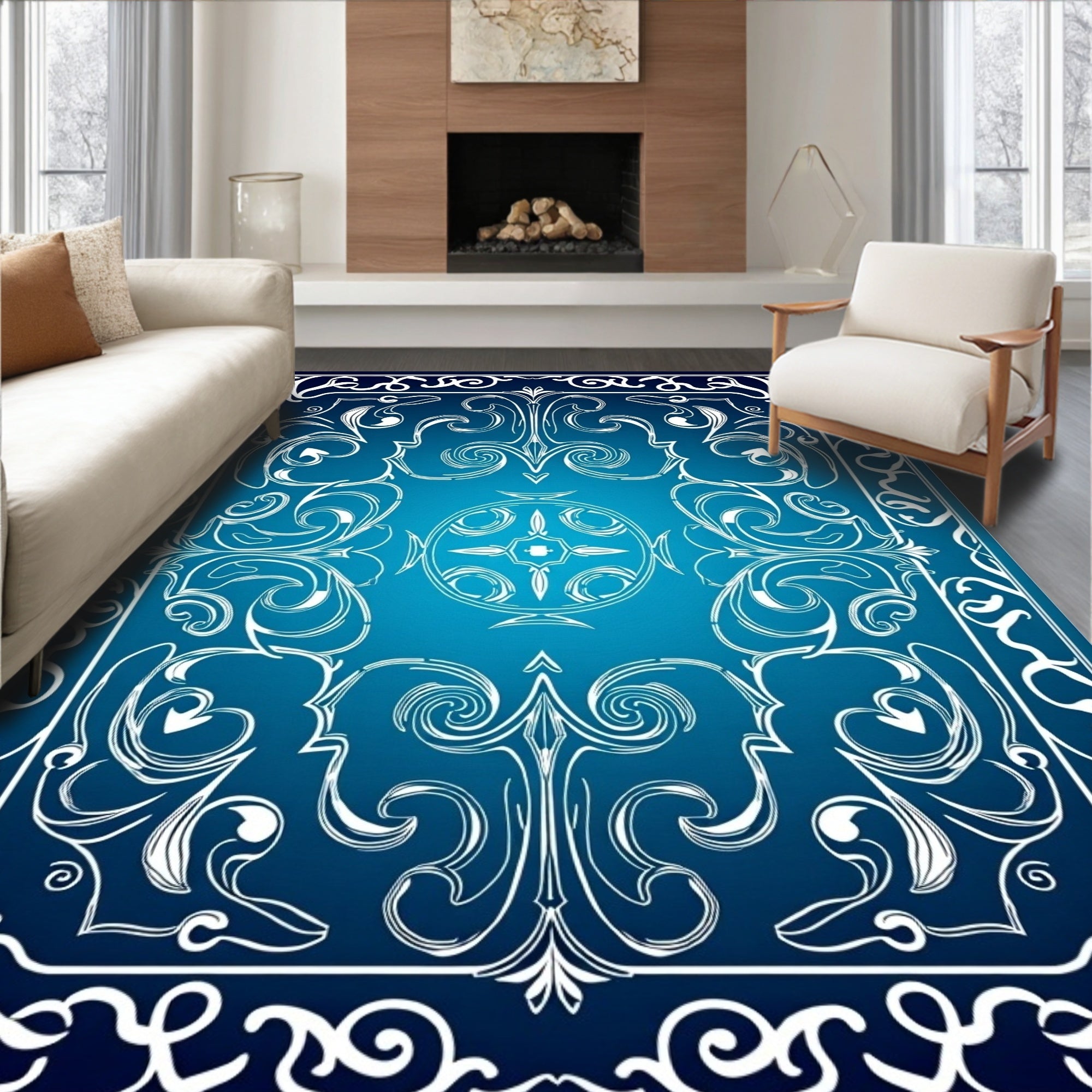 Elegant Blue Swirl Floral Motif Rug