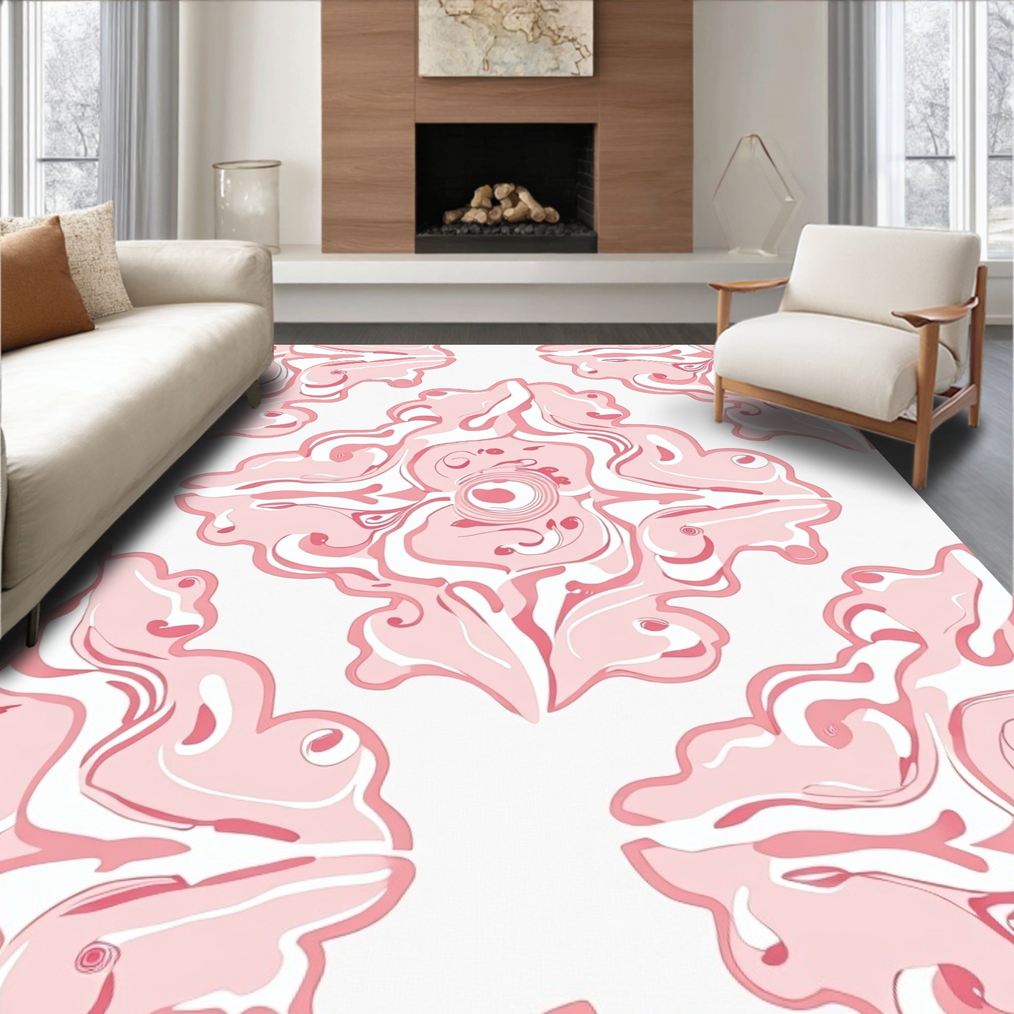 Pink Swirls Contemporary Floral Pattern Rug