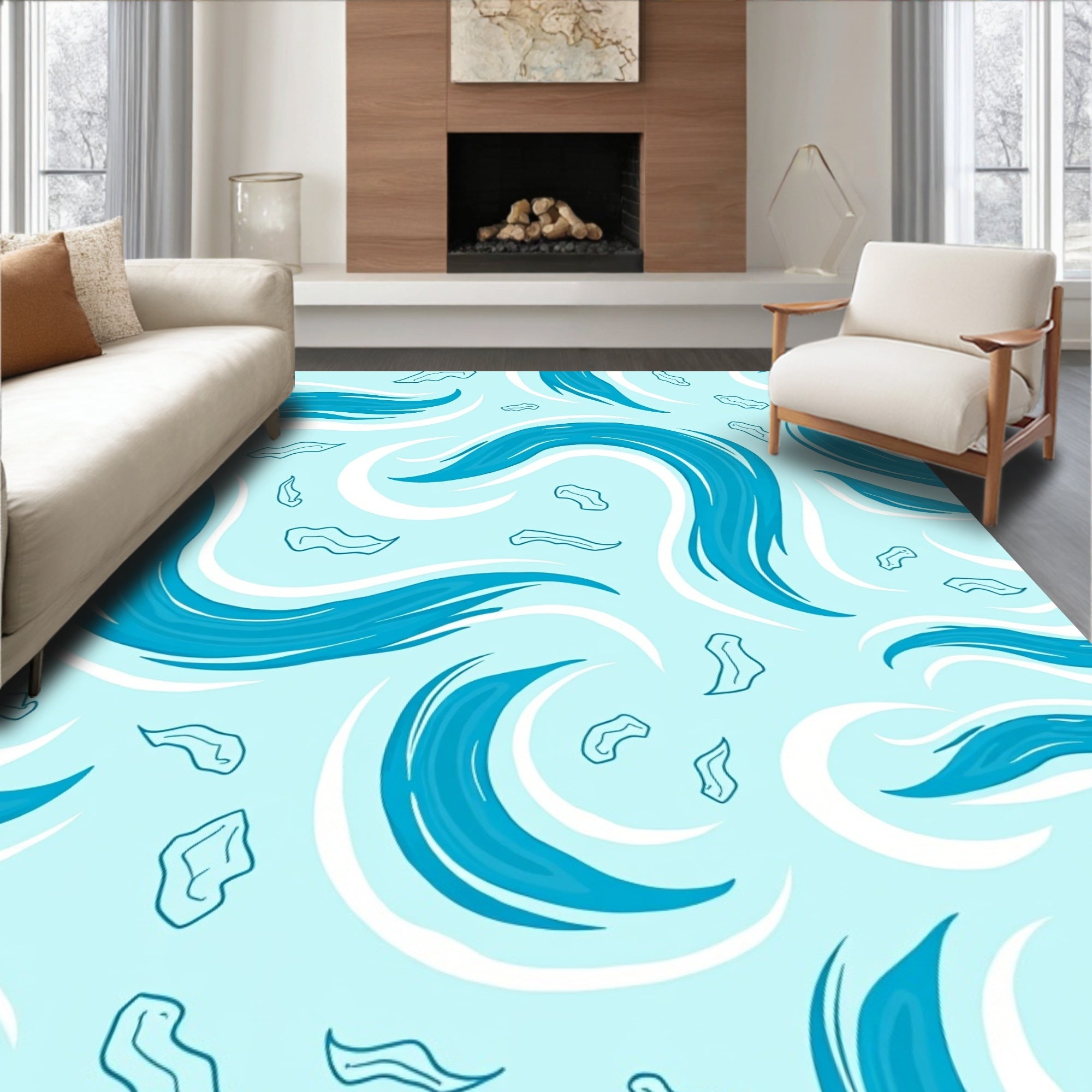 Abstract Flowing Blue Waves Design Rug