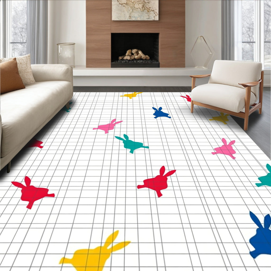 Playful Bunny Pattern Grid Design Rug