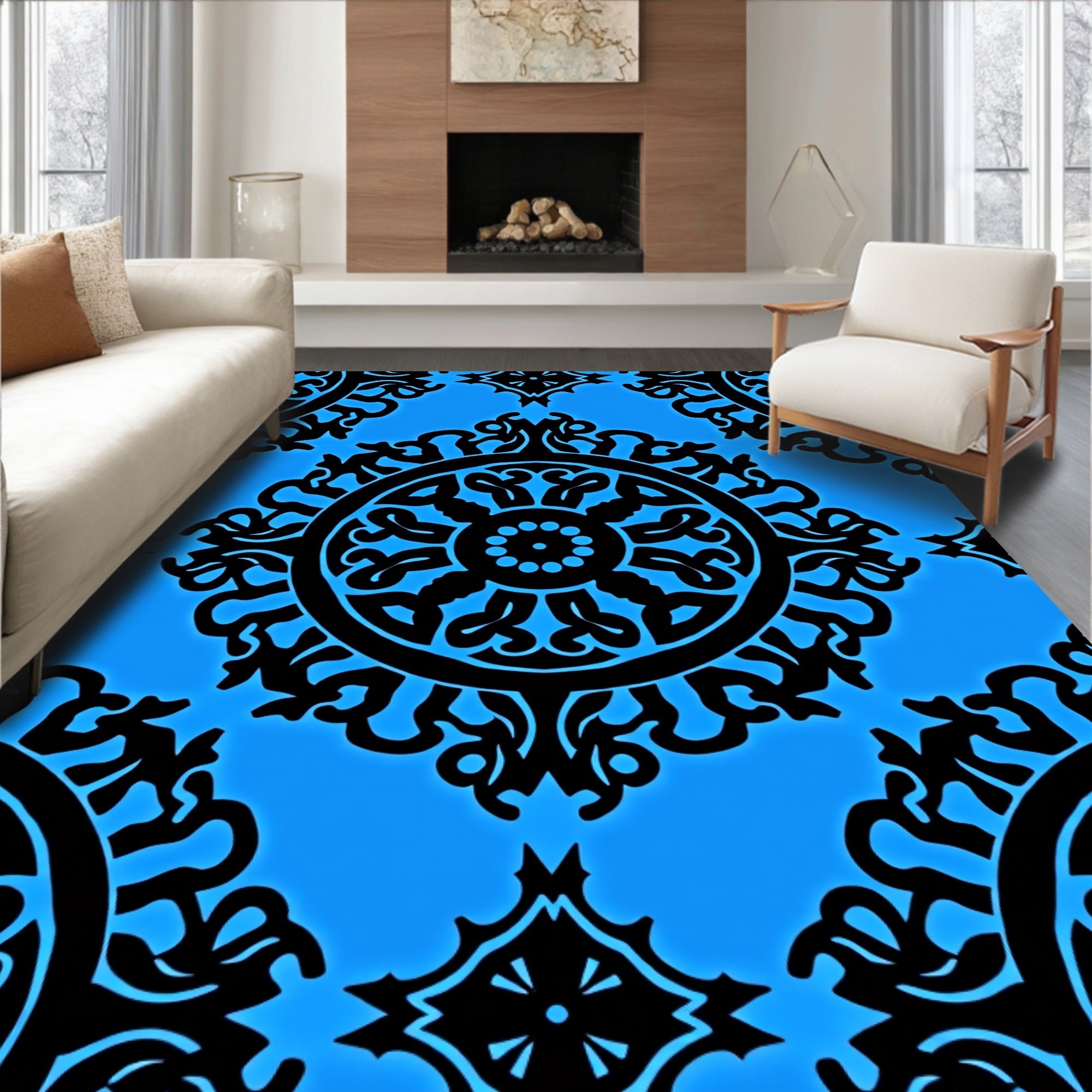 Bold Blue Black Ornamental Medallion Design Rug