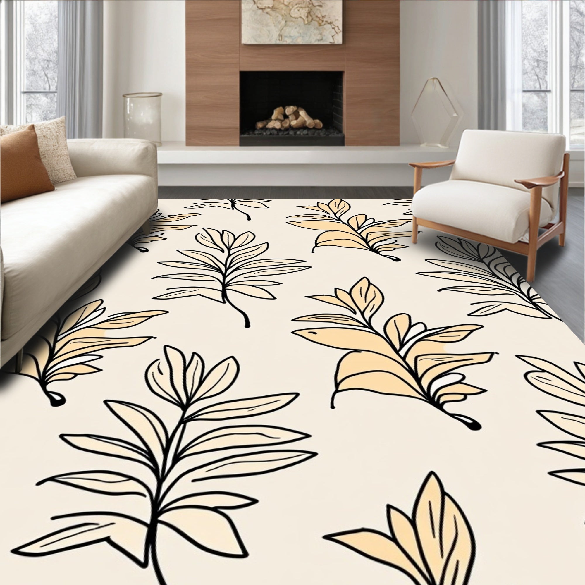 Botanical Line Art Beige Pattern Design Rug