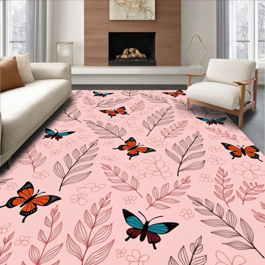 Whimsical Butterflies and Leaf Pattern Rug