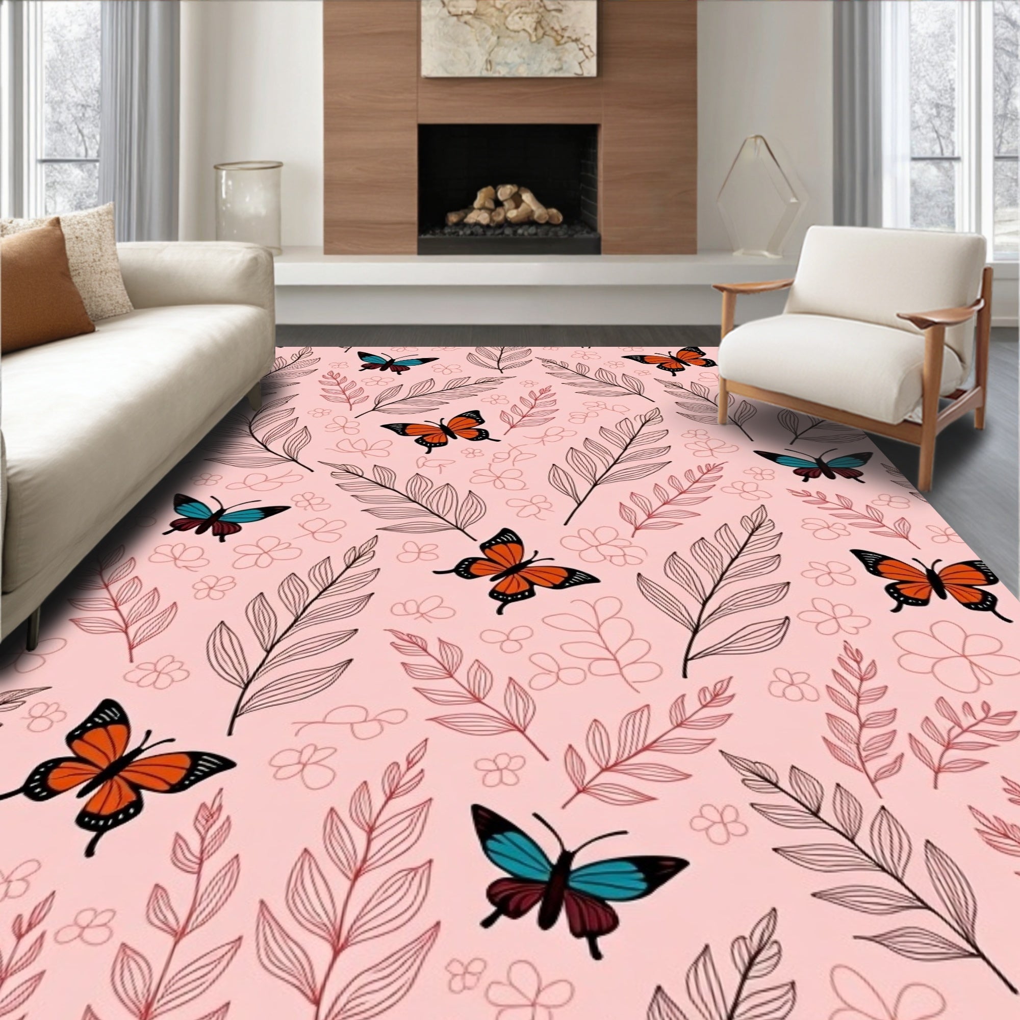Whimsical Butterflies and Leaf Pattern Rug