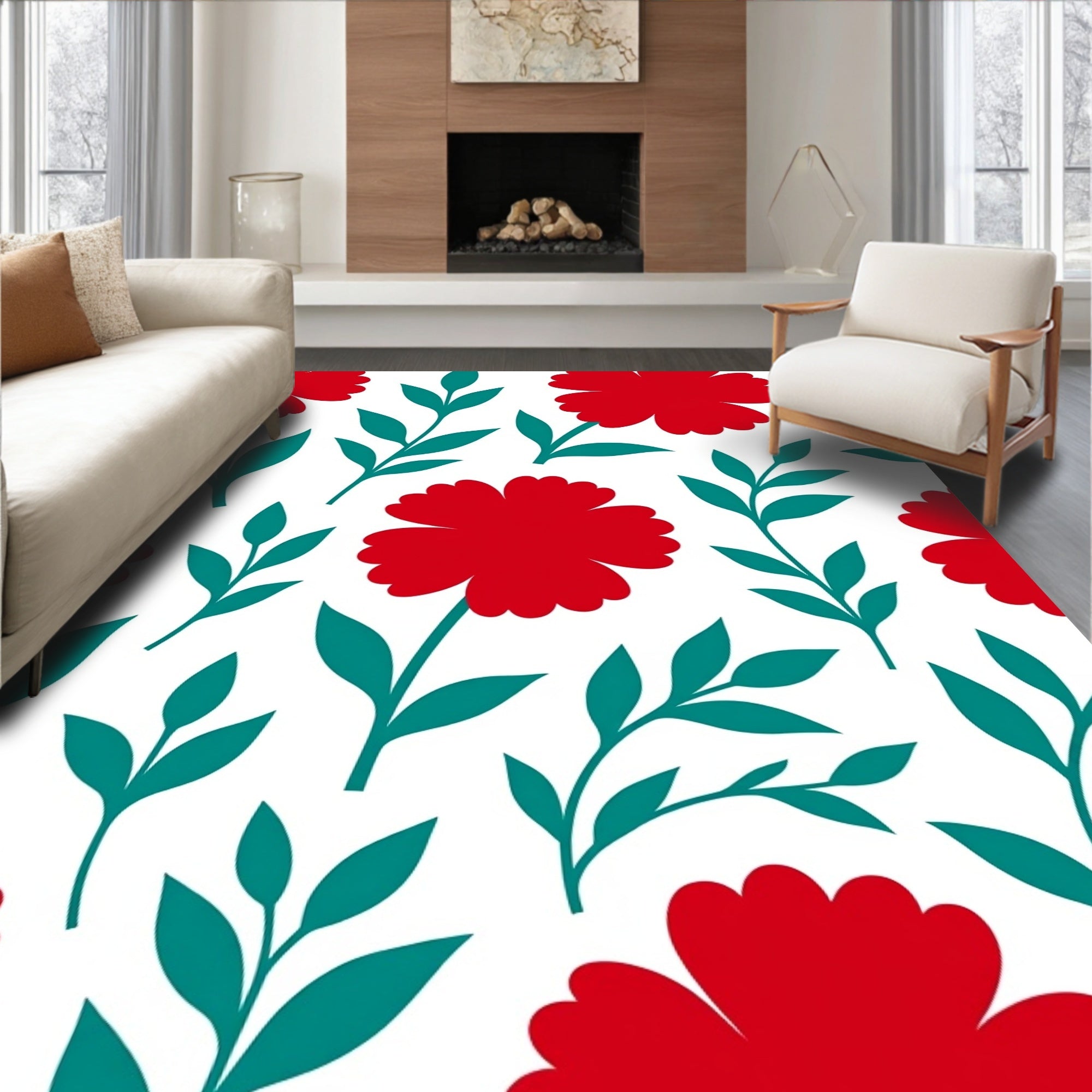Red Floral Leaf Pattern Rug