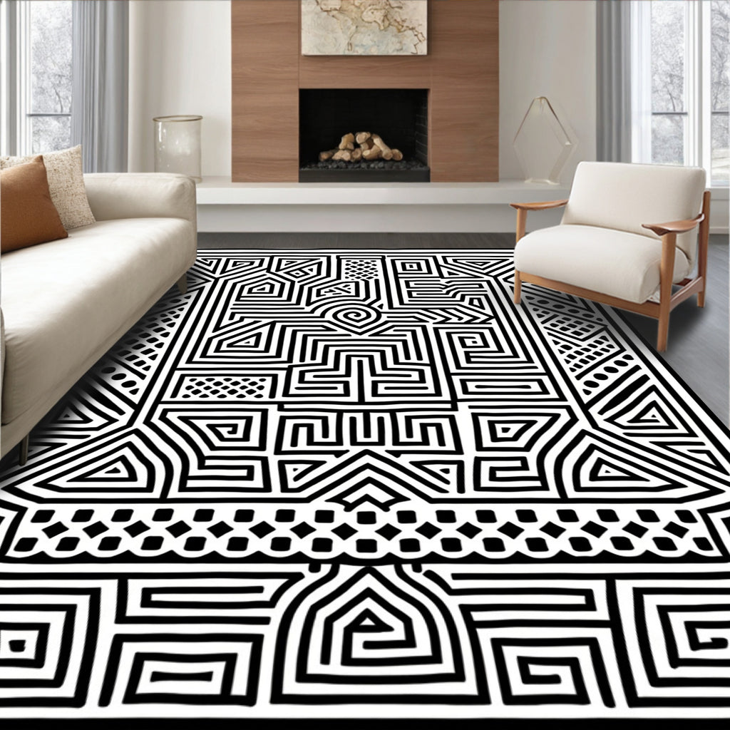 Bold Black White Geometric Maze Rug