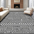 Bold Black White Geometric Maze Rug