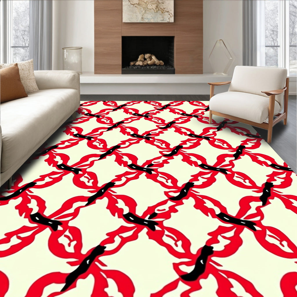 Abstract Red Black Floral Pattern Rug