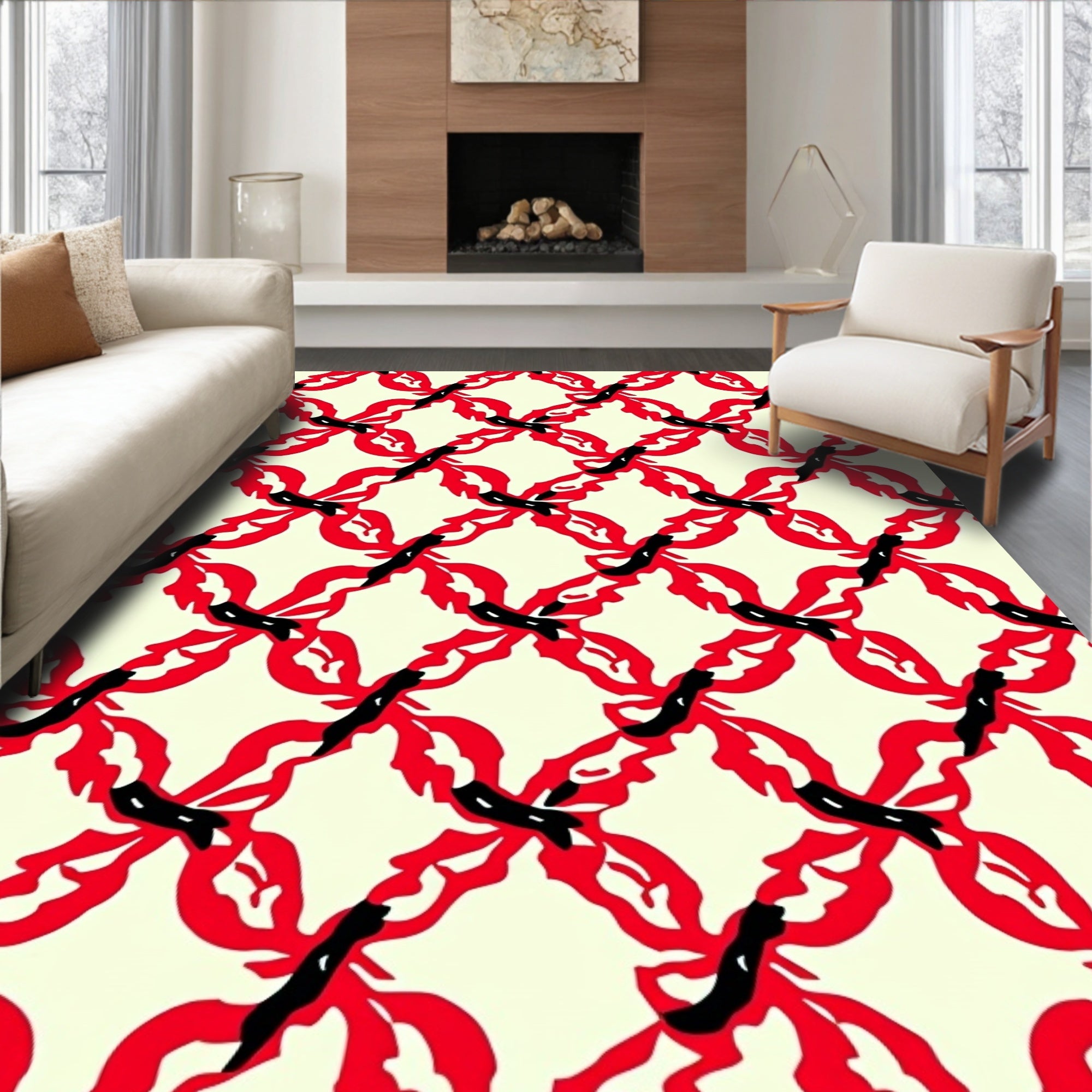 Abstract Red Black Floral Pattern Rug