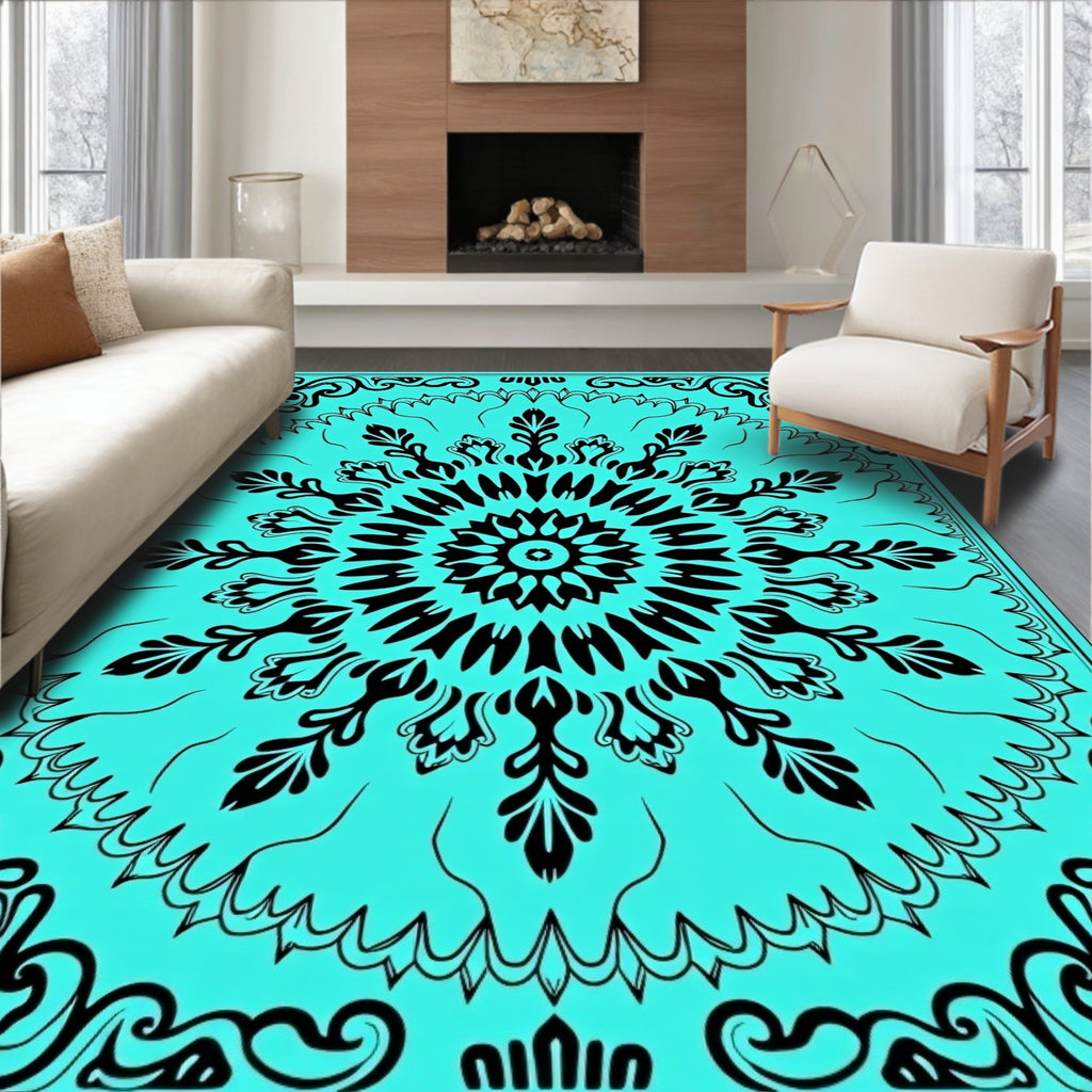 Bold Black Floral Mandala Design Rug