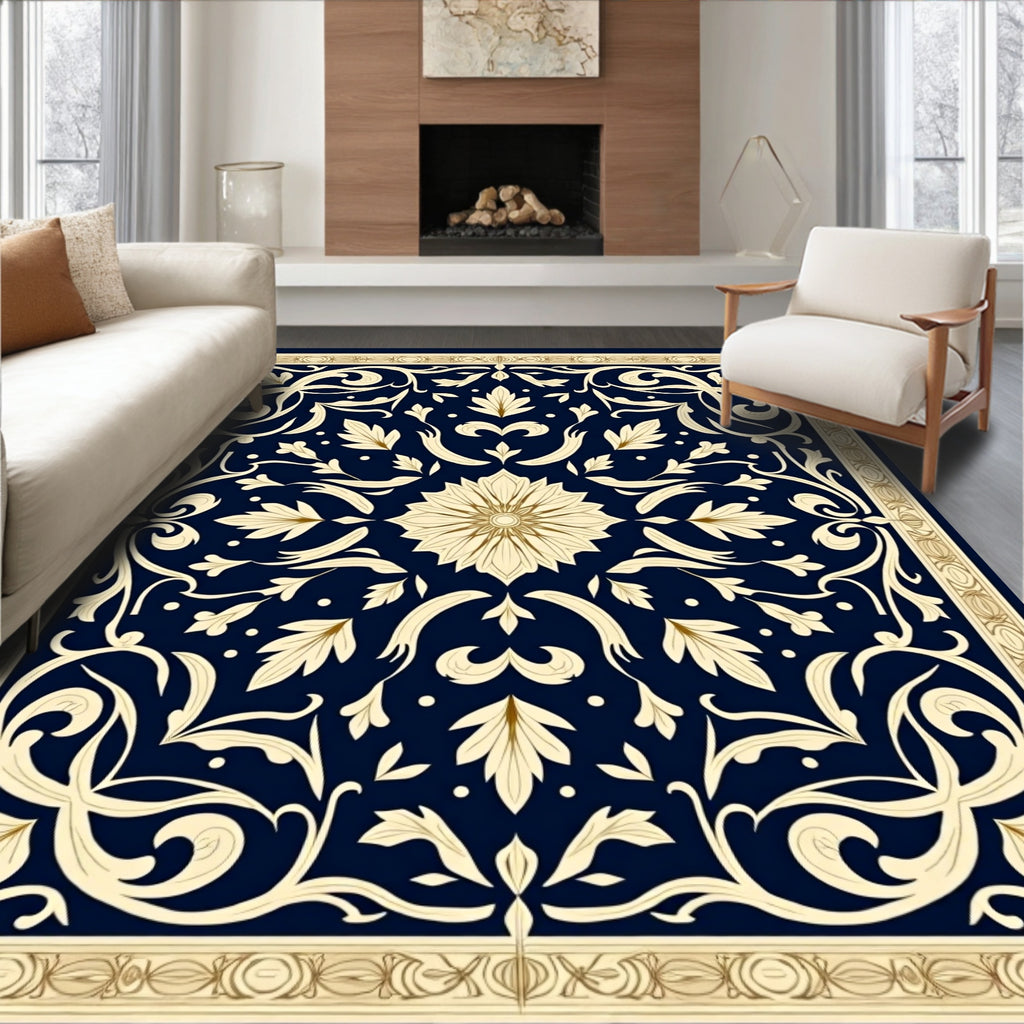 Ornate Floral Navy Cream Rug