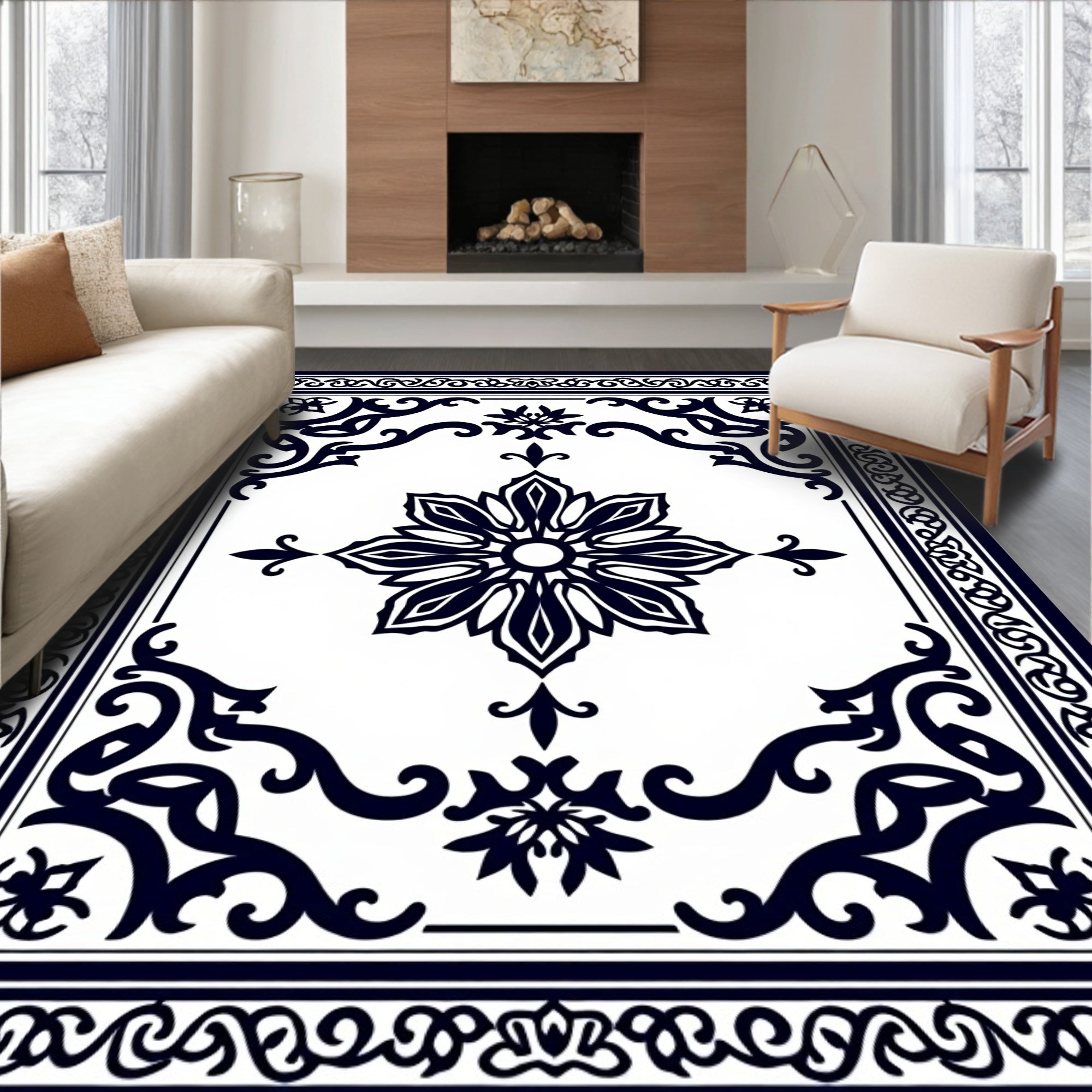 Classic Floral Scrollwork Mandala Pattern Rug